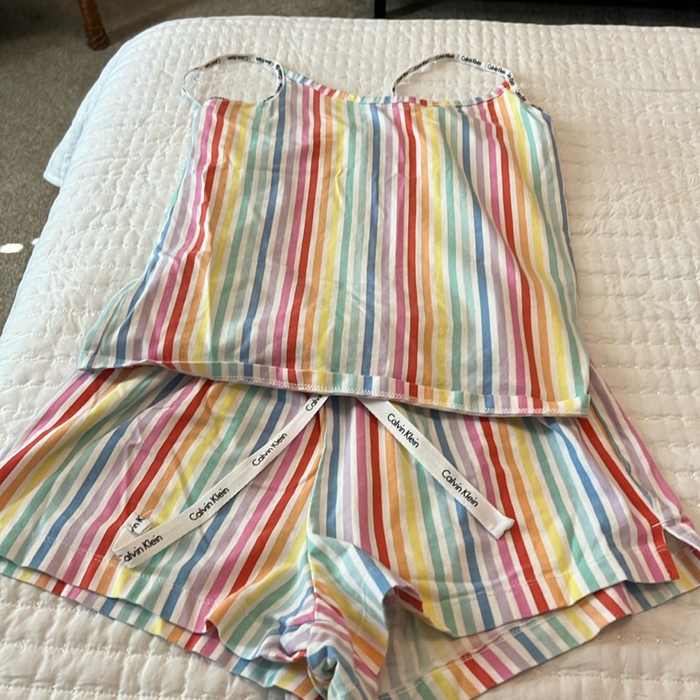 Calvin Klein Multi-Color Striped Cami & Shorts Pajama Set. Size S